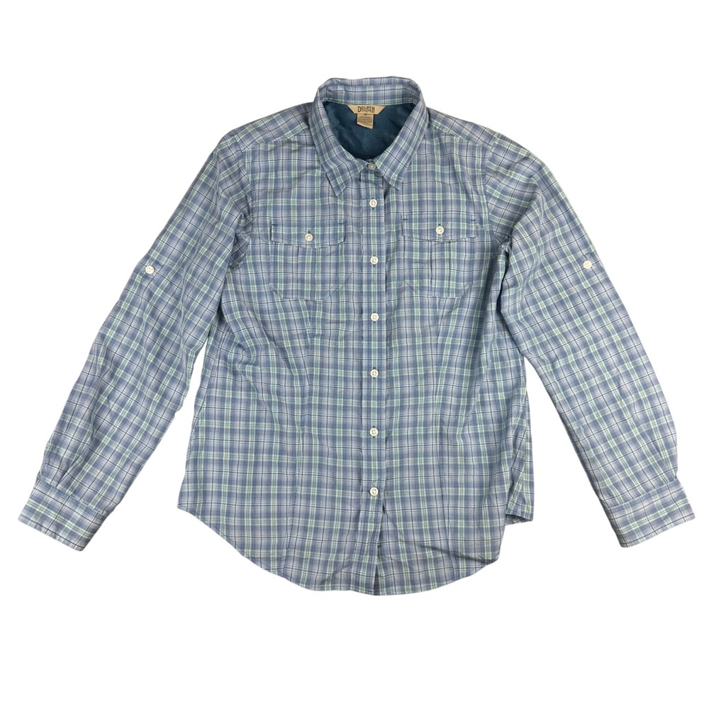 Duluth Trading Co Womens Blue Plaid Roll Tab Sleeve Hiking Shirt Mesh Back M